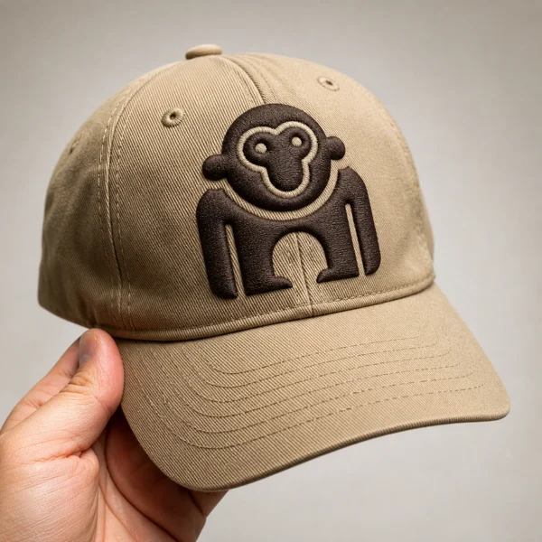 Raised embroidery detail on a cap